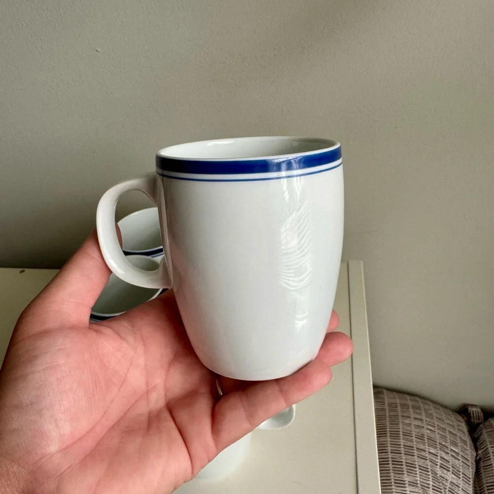 6 Brasserie by Crate & Barrel Porcelain Mugs White, Dark Blue Band, Pinstripe